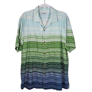 Tommy Bahama Mens Large Silk Shirt Blue Green Gradient Patterned Button Short S